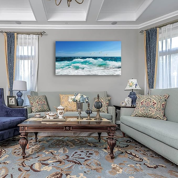 tigeridge Sea Beach Canvas Wall Art for Living Room Wall Decor Ocean Waves Canvas Pictures Blue Surfing Water Seagull Canvas Prints Artwork Office Home Wall Decorations Framed Ready to Hang 24" x 48"