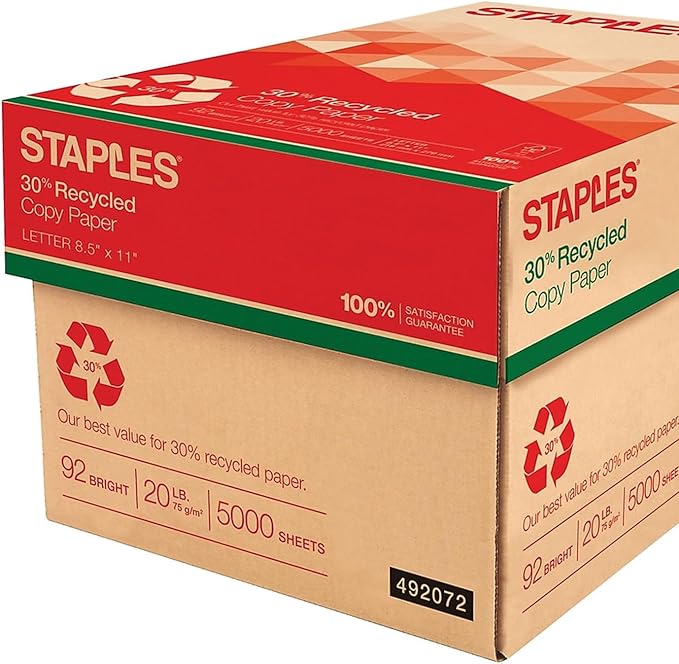 Staples 30% Recycled Copy Paper, 8 1/2" x 11", Case, For Office, School & Home