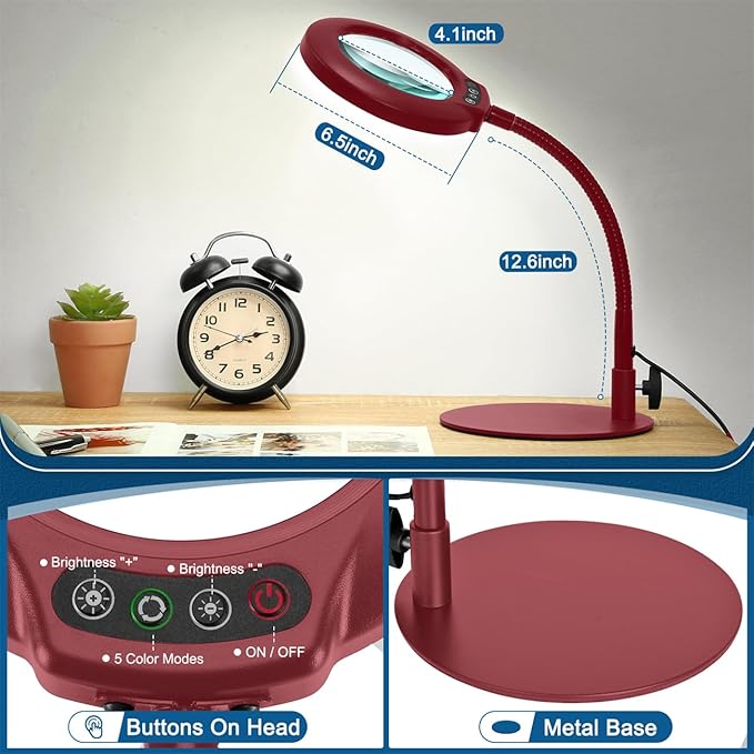 10X Magnifying Glass with Light, Real Glass Lens, 5 Color Modes Dimmable, Flexible Gooseneck Lighted Magnifier with Stand, LED Desk Lamp Hands Free for Crafts Painting Reading Close Work, Red