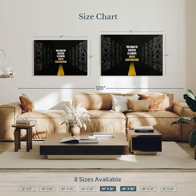 ElephantStock - Work On Your Road To Success Wall Art - Horizontal Canvas Wall Art - Home Office Wall Decor - Digital Art Inspirational And Typography Canvas Art - Black And White Decor - 39" x 26"