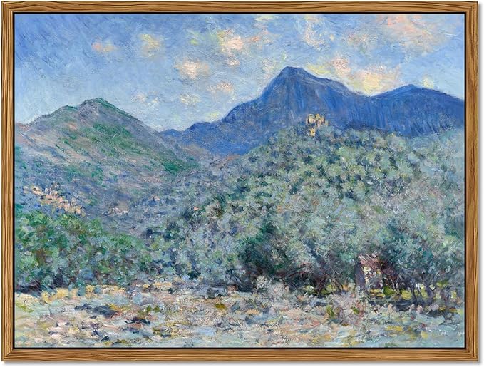 Vintage Framed Monet Wall Art – Impressionist Blue Green Forest Oil Painting Canvas Prints – Tranquil Nature Hillside Landscape Aesthetic Wall Decor for Living Room Bedroom Bathroom – 16"x24"