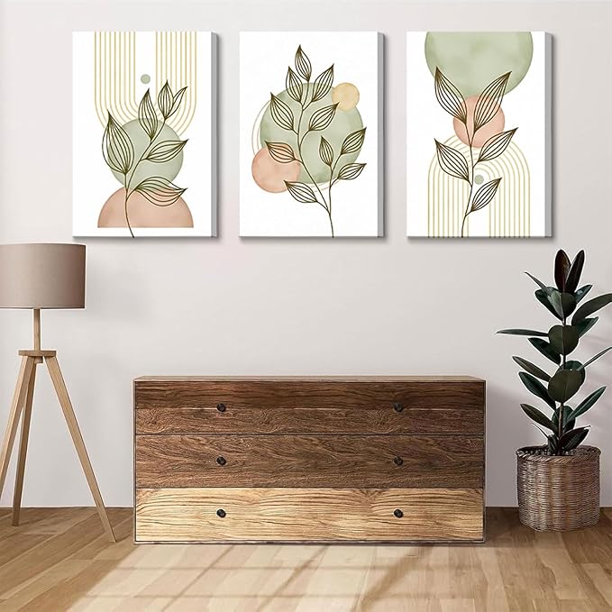 3Pcs Framed Sage Green Boho Canvas Wall Art Modern PinkBotanical Posters Print Abstract With Leafr Pictures Wall Decoration For Living Room Bedroom Bathroom