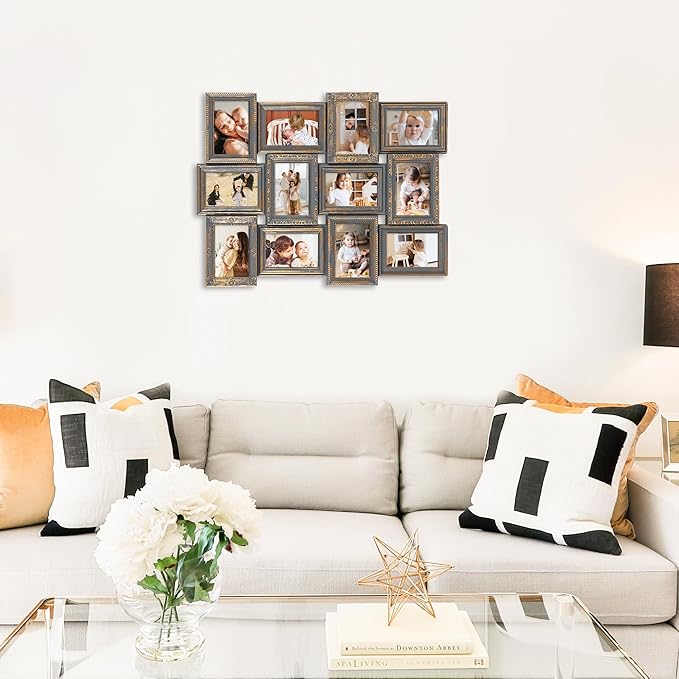 HELLO LAURA - Photo Collage Frame 12 Opening Vintage Collage Picture Frames 18" x 25" Wall Hanging Photo Frame Display 4" x 6" Photos Rusted Gold Edge | Gallery Collection Style