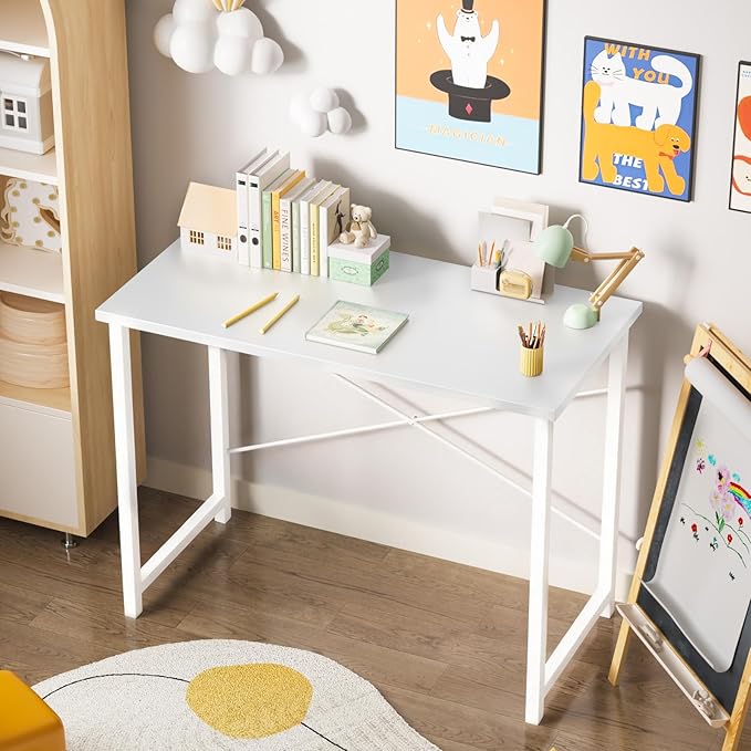 Sweetcrispy Small Computer Office Desk 32 Inch Student Study Writing Work with Metal Frame Wood Tabletop Modern Simple Home Bedroom PC Table - White, 2 Pack