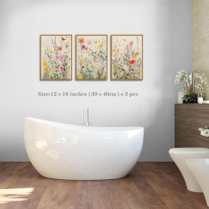 KISSFOX 3 Piece Watercolor Wildflower Botanical Framed Wall Art Colorful Floral Canvas Art Prints Boho Flower Pictures Wall Decor Modern Minimalism Paintings Artwork Girls Bedroom Living Room Bathroom
