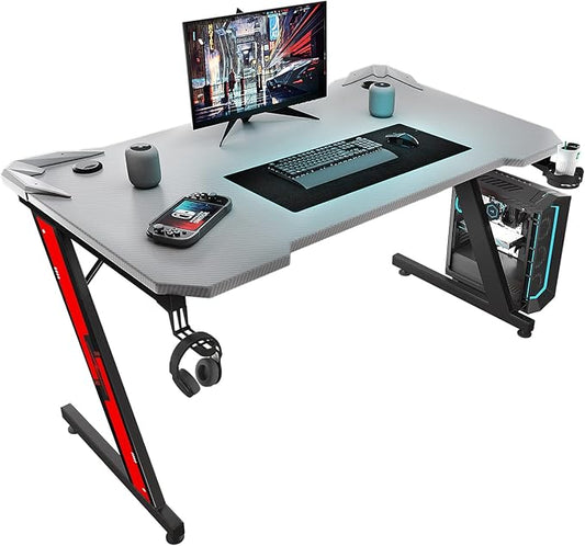 Homall Gaming Computer Desk with Carbon Fiber Surface, Gaming Table Z Shaped Pc Home Office with Cup Holder&Headphone Hook(44 in, Grey)