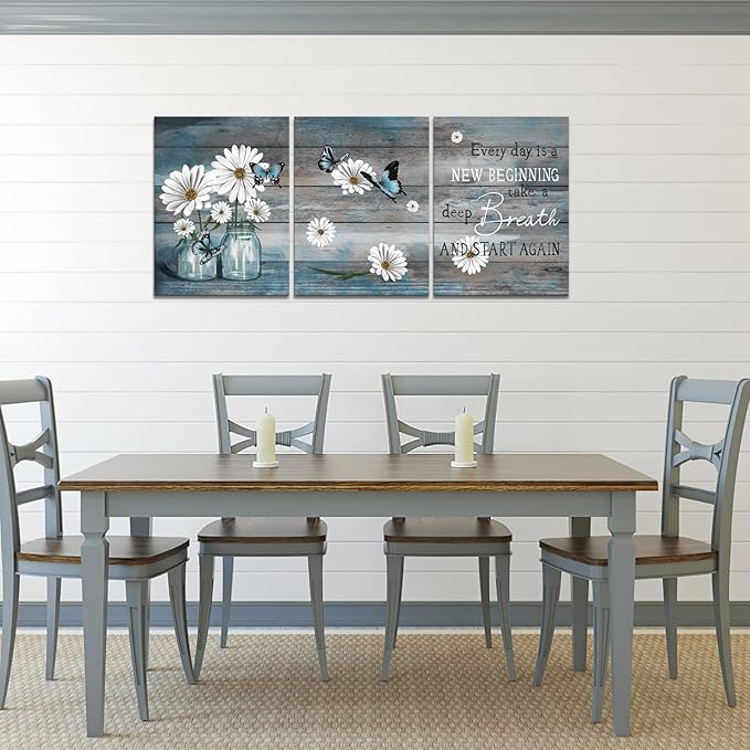 RyounoArt 3 Piece Daisy Wall Art Butterfly Inspirational Picture on Canvas for Kitchen Office Wall Decor Rustic Country Paintings Framed 12"x16" for Each