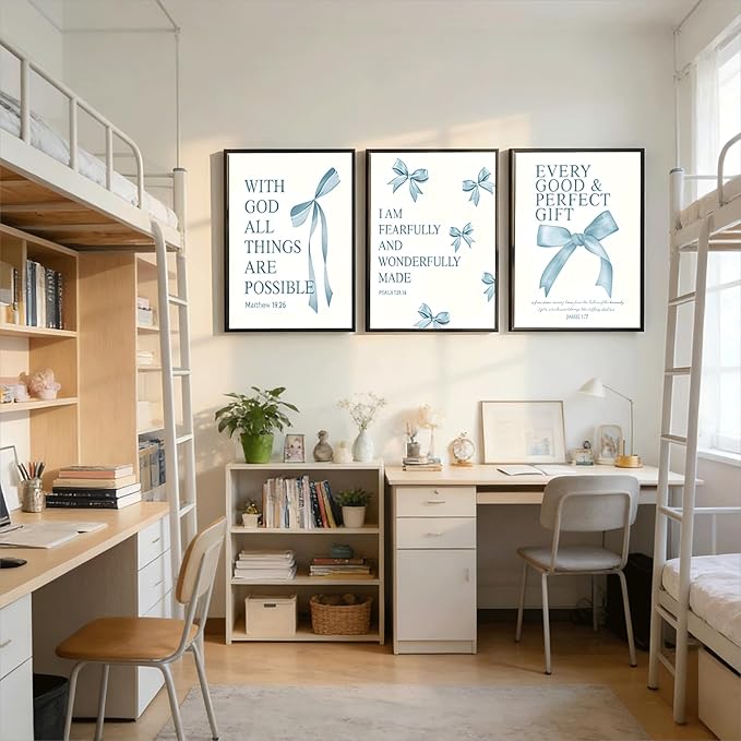 3 Pcs Blue Bow Wall Art Inspirational BiblePreppy Painting Pictures Wall Decor Blue Bow Bible Posters Prints Artwork Aesthetic for Girls Room College Apartment Living Room Bedroom Unframed