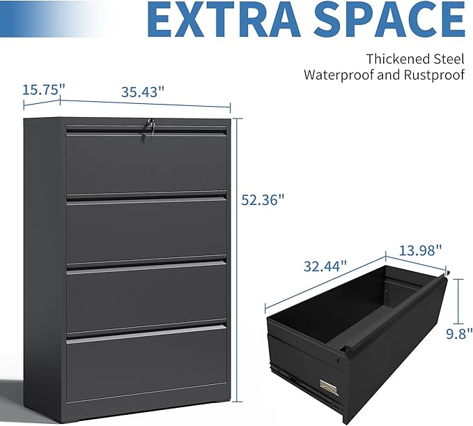 4 Drawer File Cabinets,Metal Office Storage Filing Cabinet with Lock,Black Lateral Filing Cabinet for Home Office,Horizontal Locking File Cabinet for Legal/Letter/A4,Assembly Require,Black