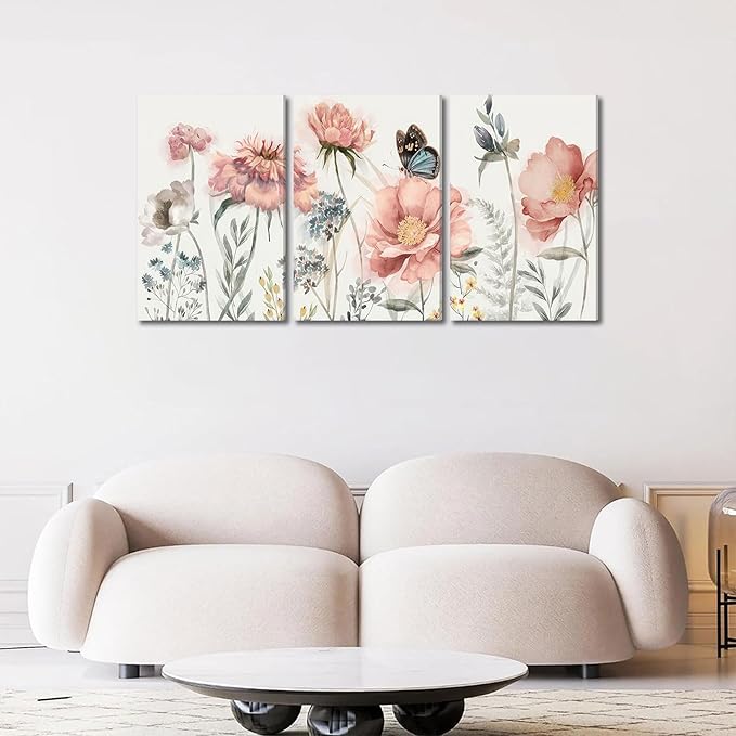3pcs Pink Peony Floral Canvas Wall Art Butterfly Blossom Wall Decor Pictures Watercolor Bouquet Posters Prints For Living Room Classroom Bedroom Decoration Prepare To Hang