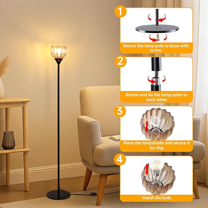Floor Lamps for Living Room, Bedroom, Black Standing Lamp with 12W Bulb, Vintage Floor Lamp for Reading, Nursery, Corner (Amber Tulip)