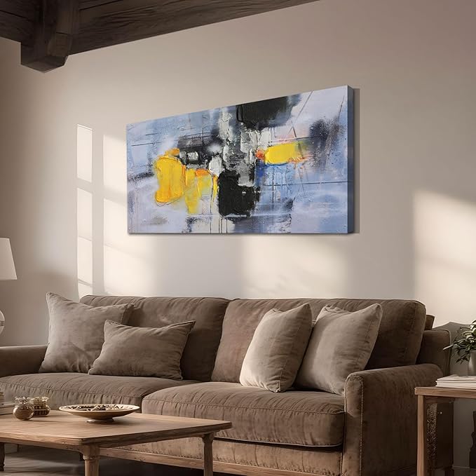 Arjun Abstract Wall Art for Living Room, Modern Black Grey Neutral Canvas Painting for Bedroom, Framed Textured Neutral Artwork Large Picture Dining Room Kitchen Mens Room Wall Decor 40"x20"