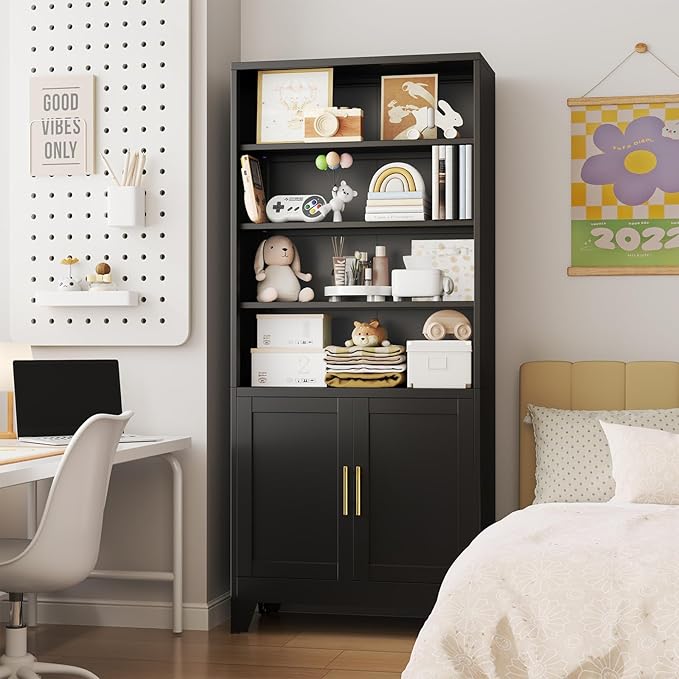 Metal Bookcase with Doors, 71" Tall Bookcase with Storage, Floor Industrial Bookshelves and Bookcases 6 Tier Shelf Dispaly Storage Shelves for Home Office, Living Room, Bedroom, Black