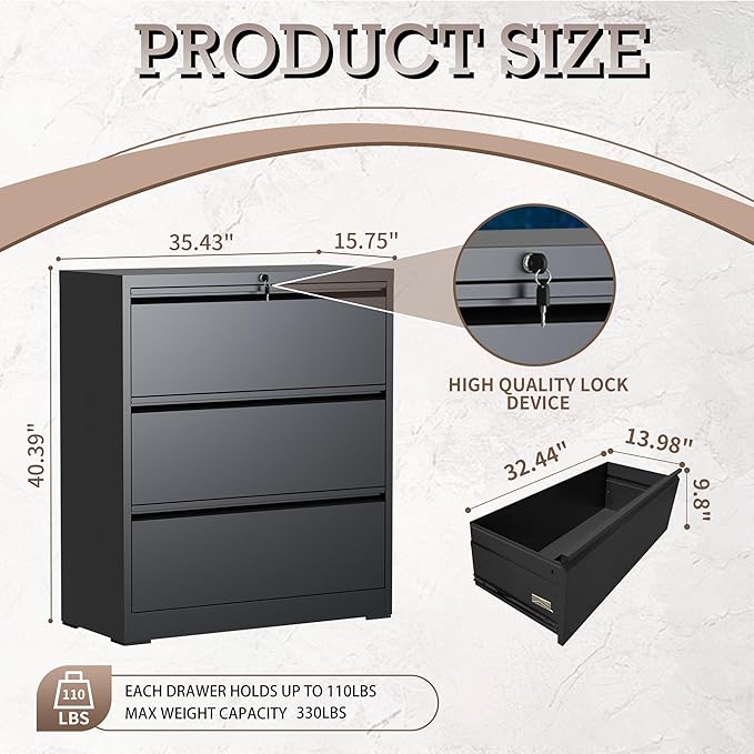 3 Drawer Metal File Cabinet, Lateral File Cabinet with Lock, Lateral File Cabinets for Home Office, Heavy Duty File Storage Cabinet for Legal/Letter/A4 Document, Assembly Required, Black