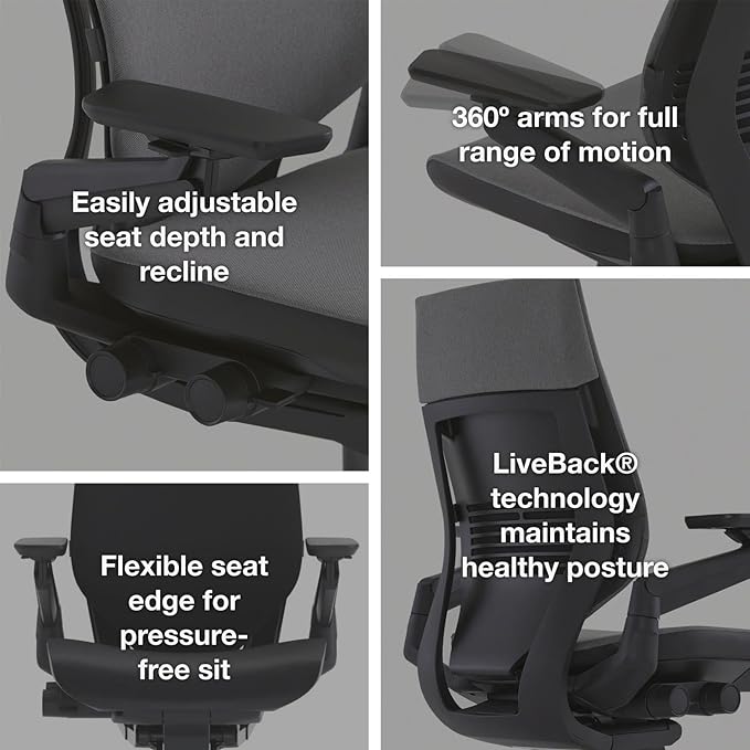 Steelcase Gesture Office Chair - Ergonomic Work Chair with Wheels for Carpet - Comfortable - Intuitive-to-Adjust for Desk - 360-Degree Arms - Licorice Fabric, Dark Frame