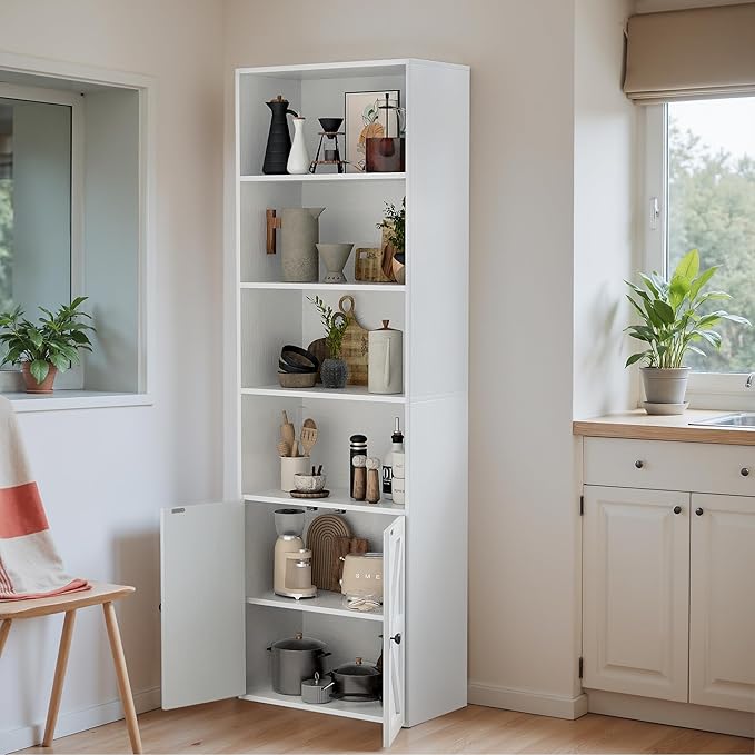 YESHOMY 6 Tier Bookcase and Bookshelf, Tall Book Shelf with Doors & Adjustable Shelves, Floor Display Storage Cabinet Home Decor for Living Room, Office, White