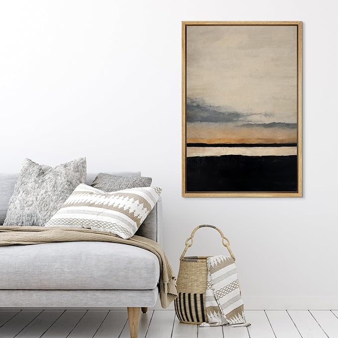 SIGNFORD Framed Canvas Print Wall Art Coastline at Dusk Illustration Minimalism Decorative Colorful Mid-Century for Living Room, Bedroom, Office - 16"x24" NATURAL