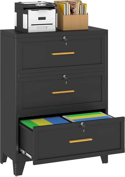 Metal Lateral File Cabinet with Lock,3 Drawer Steel Wide Filing Organization Storage Cabinets,Office Filing Cabinet for Legal/Letter/A4/F4 Size with Hanging Files&Key,Lockable Cabinets for Home Office