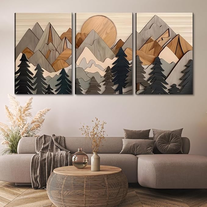 Set of 3 Mountain canvas Wall Art Large Forest Wall Decor pictures Woodcut Wooden Landscape poster Prints Abstract Landscape Nature Painting for Living Room Bedroom Office (16x24in canvas)