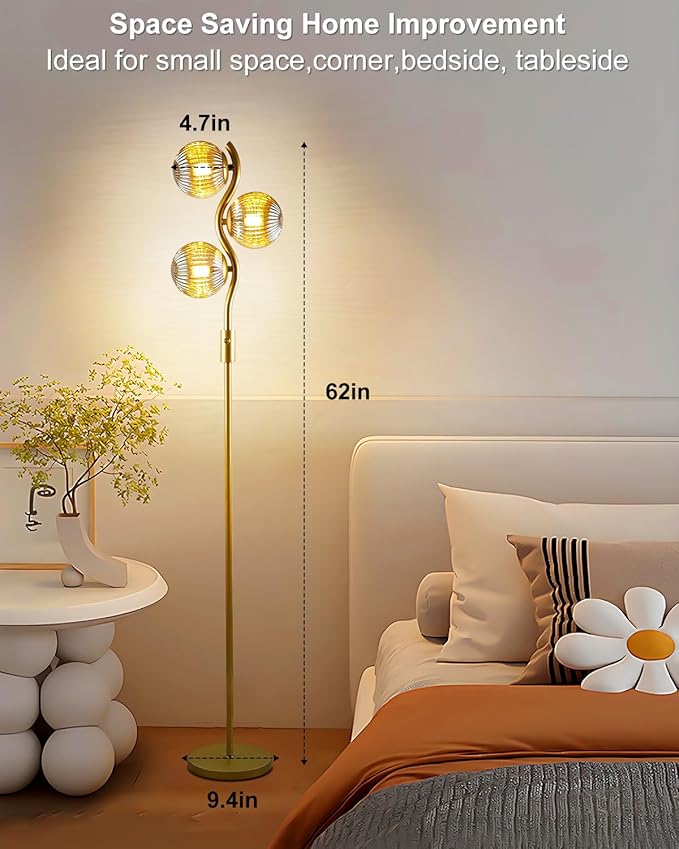 Lightdot 60IN Dimmable Gold Floor Lamp with 3 Glass Globe Mid Century Standing Lamps with 3Pcs 3000K Bulbs Included Stepless Brightness Adjustable Modern Tall Lamp for Bedroom/Sofa Beside/Corner Decor
