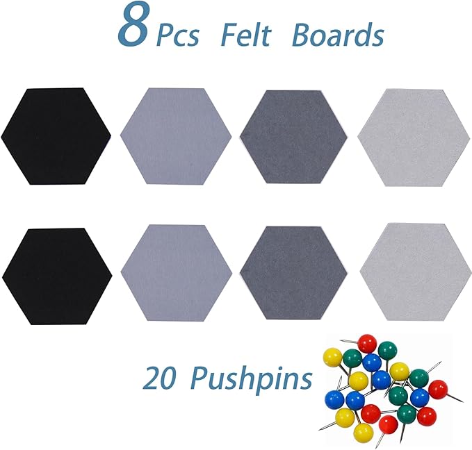 8Pcs Hexagon Felt Cork Board Tiles Self Adhesive Bulletin Board, Pin Board for Wall Decor Memos Photos Display (Set Q)