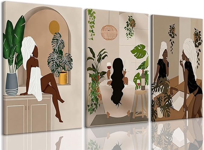 TUEASKY 3 Piece Canvas Wall Art Black Girl Wall Art Black Woman Paintings Prints Boho Pictures Wall Decor for Bathroom