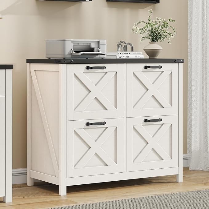 Farmhouse File Cabinet, Lateral Filing Cabinet with 4 Drawers for Letter/A4 Size Hanging Files, Wooden Printer Stand File Storage Cabinet for Home Office Cabinets, White and Black