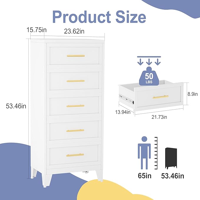 53.46" Tall Dresser for Bedroom 5 Drawers, Metal Dresser Chest of Drawers, Circular Drawer Cabinet for Home,Filing Cabinet with Drawers for Office (White)