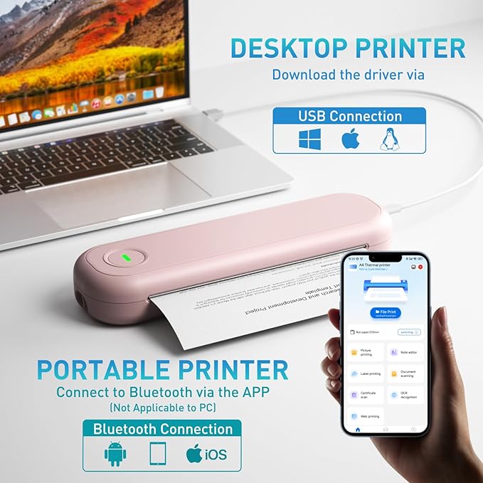 Bisofice A4 Portable Thermal Printer Wireless&USB Connect with Mobile Computer 50mm/56mm/77mm/107mm/210mm/216mm(2in/3in/4in/8in/8.5in) US Letter A5 Paper Size for Office School