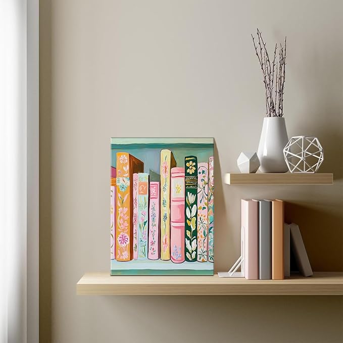 Book Wall Art Vintage Flower Books Canvas Wall Decor Pastel Bookshelf Artwork Painting Pictures Colorful Book Stack Posters Prints for Living Room Bedroom Reading Nook 12x16 Inch Framed