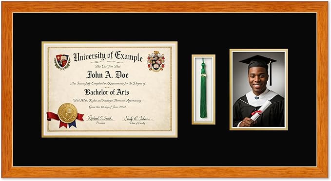 CountryArtHouse Diploma Tassel and Photo Shadowbox Fits 11.69 x 8.27 A4 Certificate with Tassel Hook and Honey Oak Genuine Hardwood with Black Over Metallic Gold Double mat