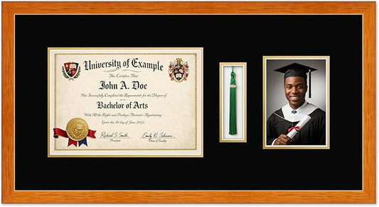 CountryArtHouse Diploma Tassel and Photo Shadowbox Fits 11.69 x 8.27 A4 Certificate with Tassel Hook and Honey Oak Genuine Hardwood with Black Over Metallic Gold Double mat