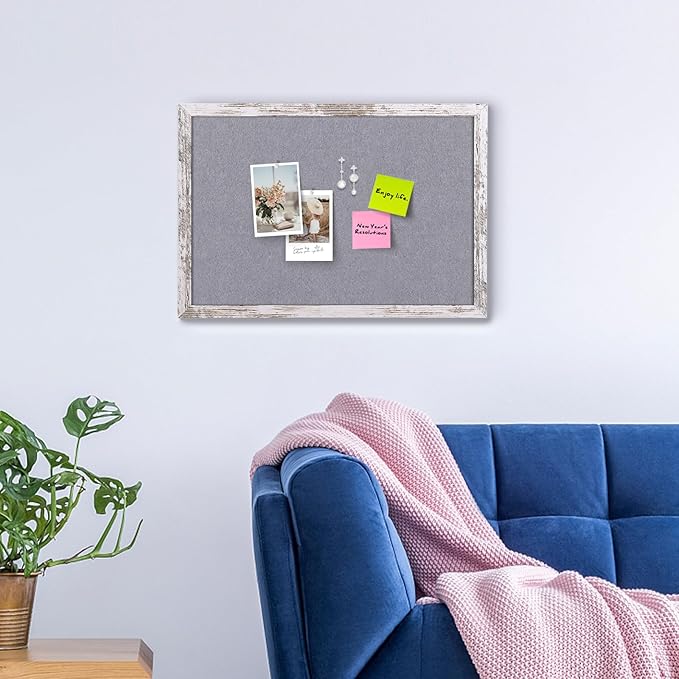 Gray Felt Bulletin Board, 23.6x15.7 inches Decorative Hanging Bulletin Boards for Walls with White Rustic Wood Frame, Pin Board Vision Board for Office Home School with Pins (4060,WH,1pc)