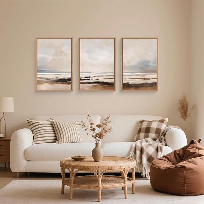 HOURIA Large Neutral Abstract Gray Framed Wall Art Set,Minimalist Modern Beige Brown Landscape Wall Decor,Wilderness Filed Artwork,Watercolor Misty Lake Print for Living Room,Bedroom,Office-16 x24 x3