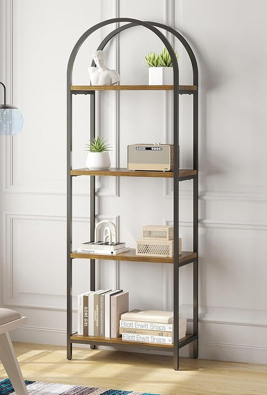 Bookshelf Arched Bookcase, Industrial 4-Tier Open Book Shelves with Metal Frame, 72" Tall Freestanding Storage Display Rack for Home Office, Living Room (Rustic Brown, 4 Tier Arched)