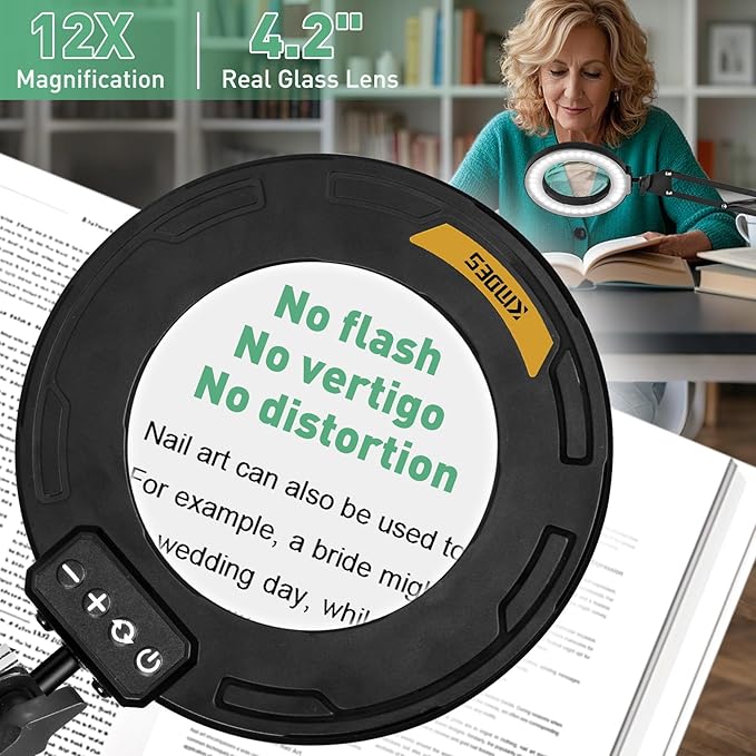 12X Magnifying Glass with Light, Ultra Long 3 Section Swing Arm LED Desk Lamp with Large Clamp, 5 Color and Brightness Magnifier Light Stand for Reading Painting(12X 35in Circular Button Clamp)
