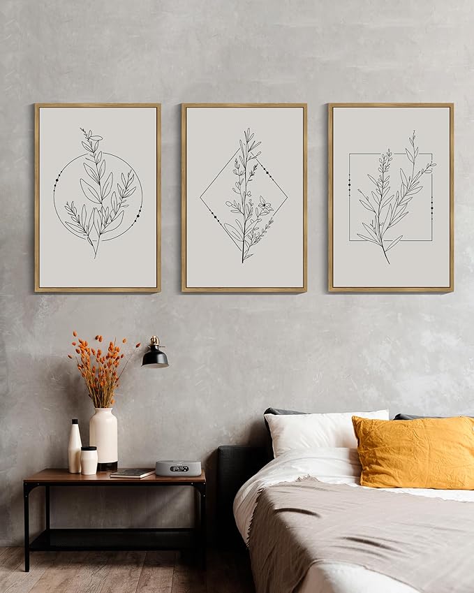Drsoum Minimalist Flower Wall Art Vintage Wall Hanging Decor Bohemain Botanical Prints Artwork for Bedroom Living Room Hallway 24x36in Natural Framed