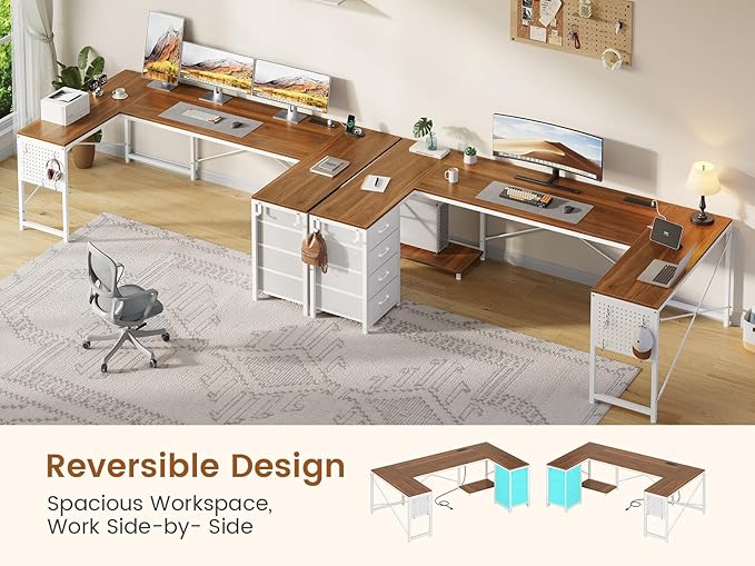 L Shaped Desk, 67" Reversible Computer Desk with 4 Fabric Drawers and Power Outlet, Corner U Shaped Desk with Shelf and Pegboard for Home Office, Brown+White