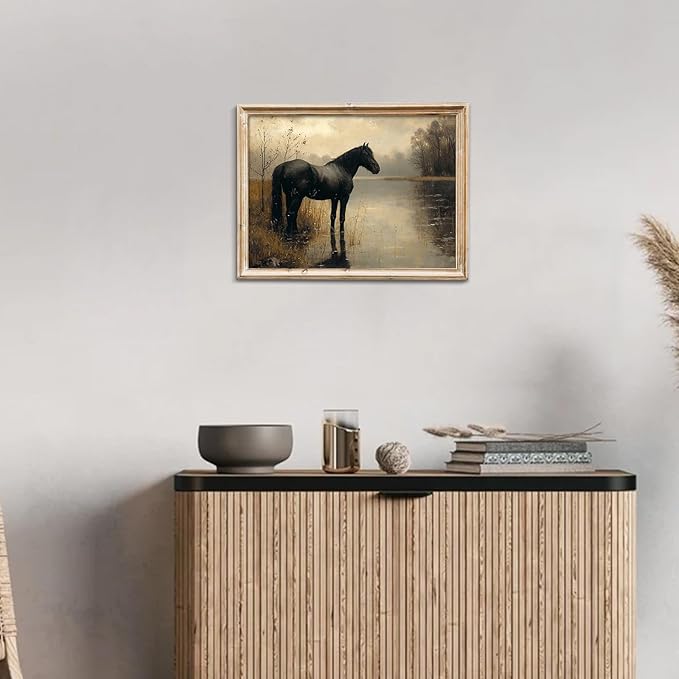 uniro Black Horse Vintage Wall Art Moody Landscape Prints Retro Wall Art Lake Dark Cottagecore Art Foggy Rustic Wall Decor DarkMoodyWallArt(8" x 10"-UNFRAMED)