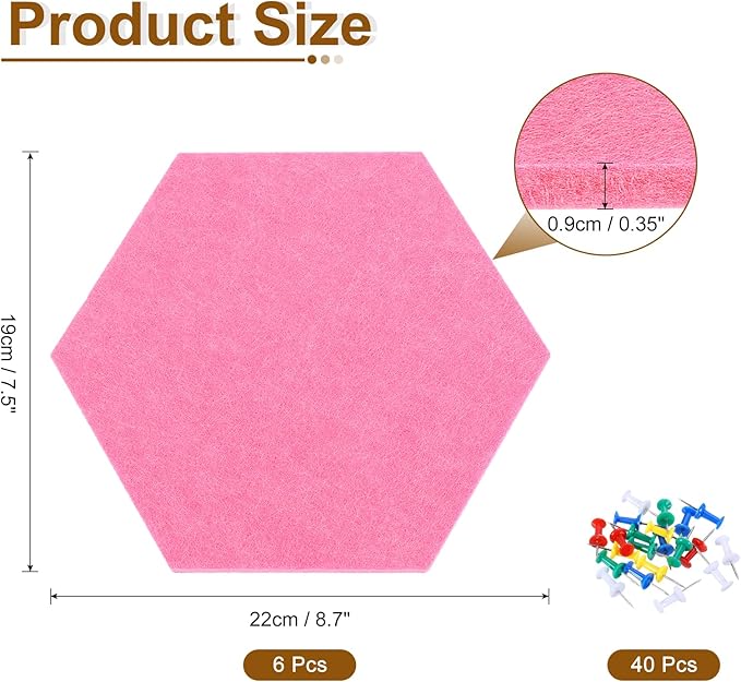 uxcell 6 Pcs Hexagon Felt Pin Board with 40 Pcs Pushpins 8.7" x 7.5" Self Adhesive Felt Bulletin Board Cork Boards for Walls Decorations Paste Notes Photos Schedules, Pink