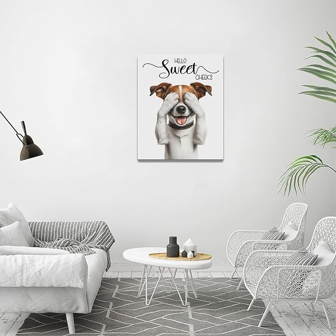 Bathroom Dog Wall Art Funny Dog Bathroom Pictures Wall Decor Hello Sweet Cheeks Toilet Bathroom Canvas Painting Home Modern Artwork Decorations Framed for Restroom 16 x 20 inch