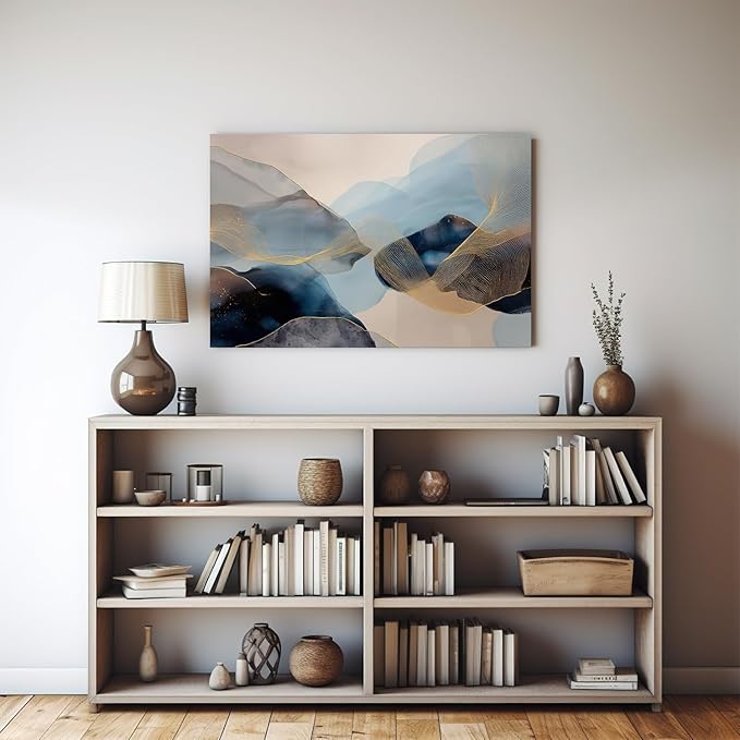 gaosoul Modern Blue Abstract Canvas Wall Art Oil Painting Giclee Print of Flowing Azure Textures Delicate Gold Filigree Soft Color Transitions Minimalism Artwork for Home Office Decor Framed 24x16in