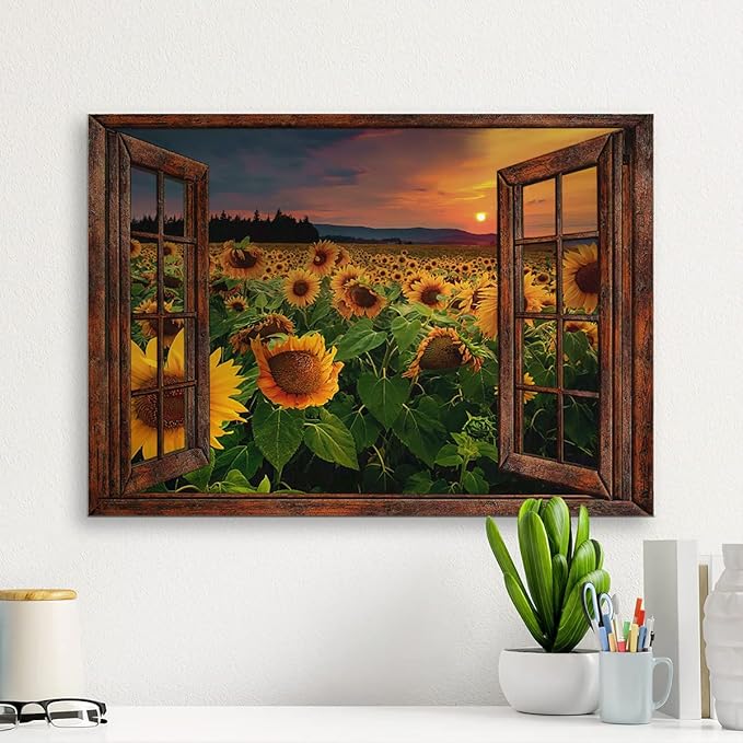 Parylore Sunflower Wall Art Canvas Print Wall Decor Sunflower Field Sunset Landscape On Wood Window Painting Framed Modern Artwork for Living Room Bedroom Bathroom Office Home Decor 12x16 In