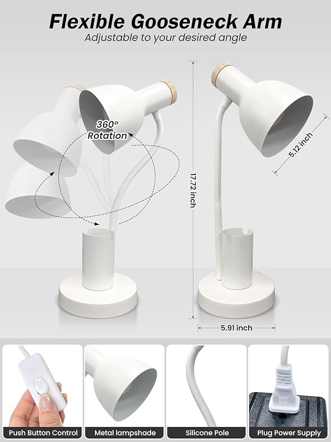 LED Desk Lamp for Home Office, Table Lamp with Pen Holder, 3 Color Modes Reading Light, Eye-Caring Desk Light with Gooseneck, Study Lamp for Kids Bedside Room College Dorm Essentials(White lamp)