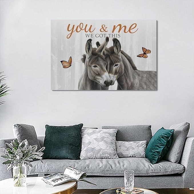 yerretin Farmhouse Donkey Wall Art Country Love Pictures Wall Decor Rustic Animal Canvas Painting Home Decoration Artwork for Bathroom Bedroom Living Room Office Framed 24"x16"