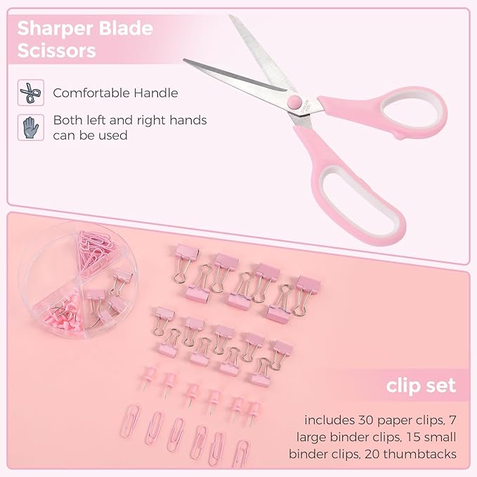 SKYDUE Pink Desk Accessories, Pink Office Supplies Set, Mesh Desk Organizer, Stapler, Tape Dispenser, Scissors, Binder/Paper Clips and 1000pcs Staples,Desk Organizer for Women