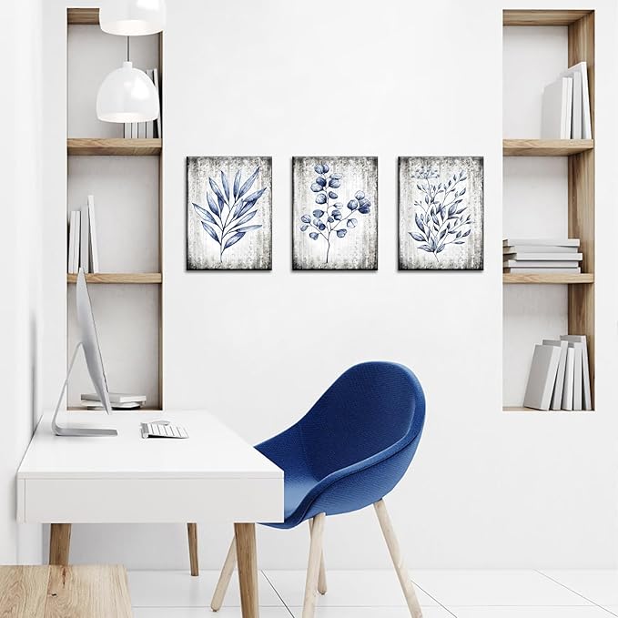 Conipit Navy Blue Botanical Painting Rustic Botanical Wall Art Canvas Minimalist Blue White Leaf Plant Artwork Prints Framed For Living Room Bedroom Wall Decor 12''X16''X3pcs
