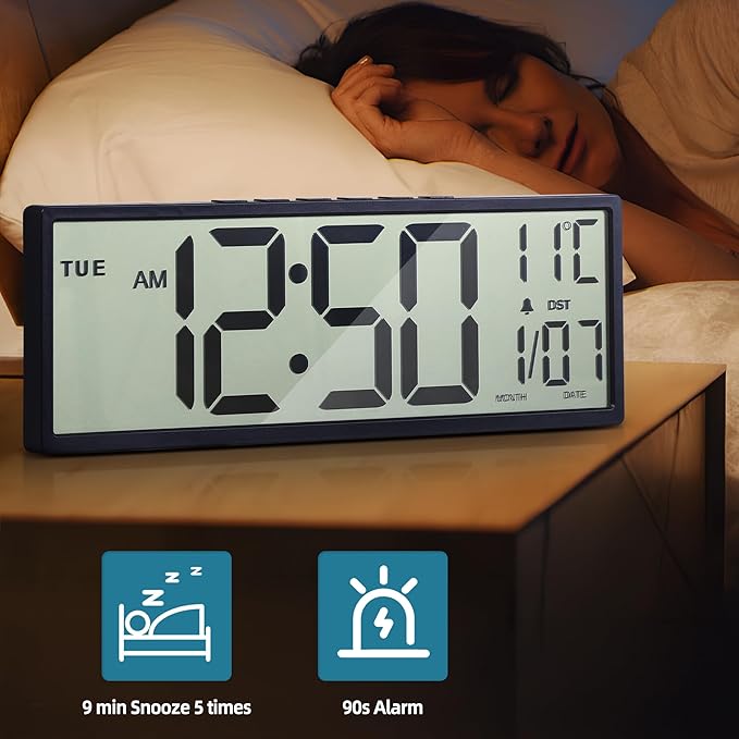15" Large Digital Wall Clock Battery Operated Black, Clock with Large Display Numbers, Calendar, Auto DST, Clocks for Living Room, Kitchen, Office, Bedroom