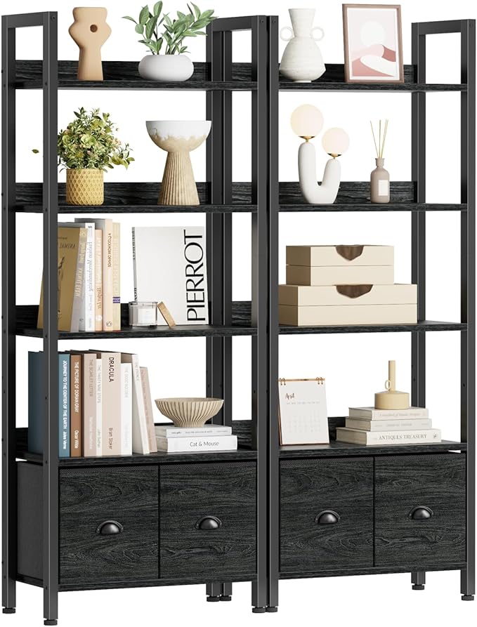 Furologee 5-Tier Bookshelf Set of 2, Tall Bookcase with 2 Drawers and Shelves, Industrial Display Free Standing Shelf Units, Storage Rack Organizer for Bedroom, Living Room, Home Office, Black Oak