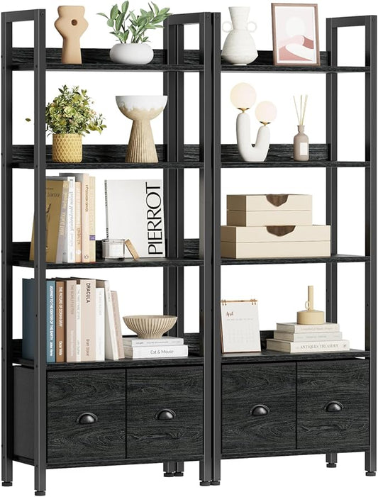 Furologee 5-Tier Bookshelf Set of 2, Tall Bookcase with 2 Drawers and Shelves, Industrial Display Free Standing Shelf Units, Storage Rack Organizer for Bedroom, Living Room, Home Office, Black Oak